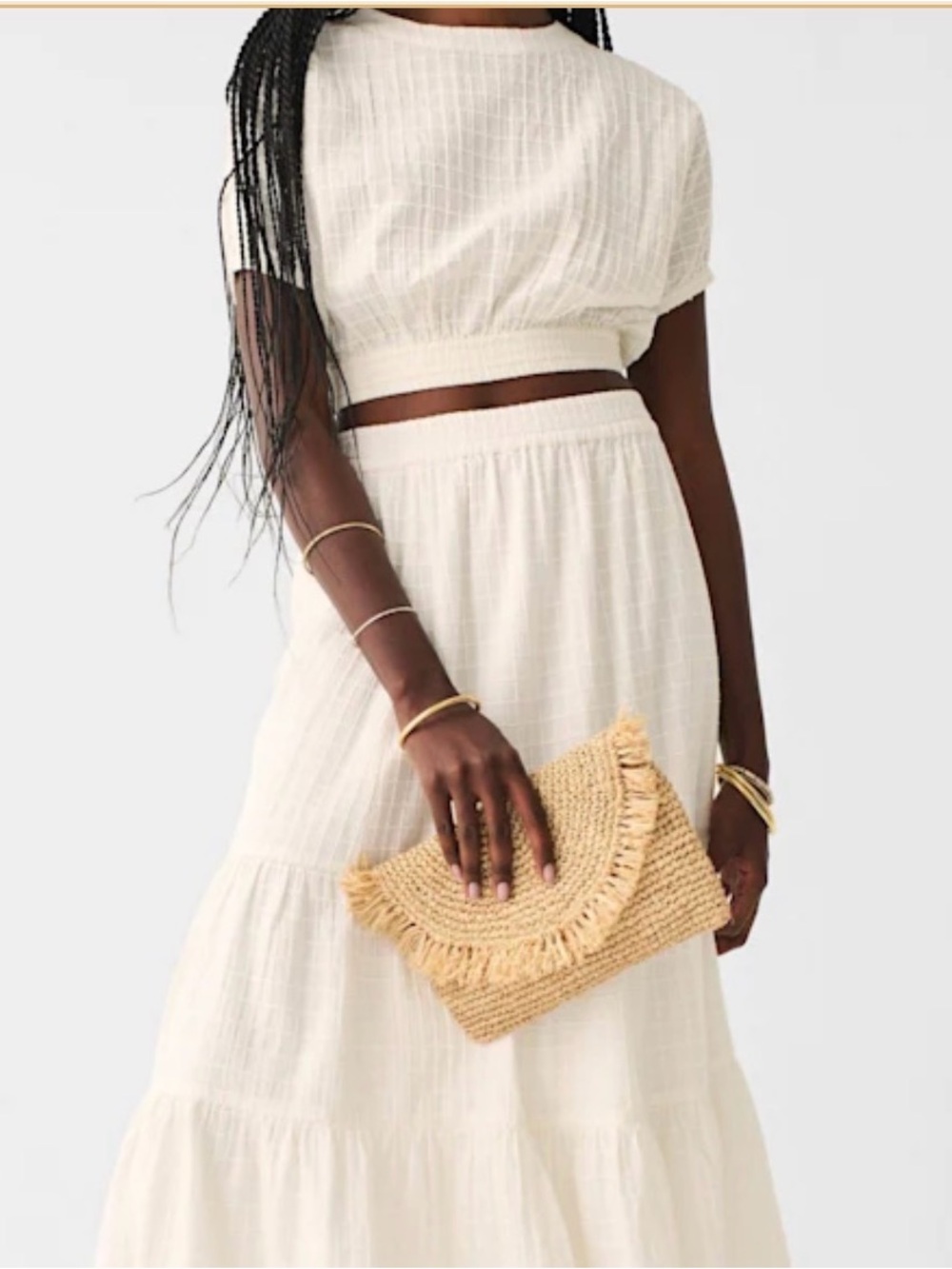 Faherty Cala Windowpane Short Sleeve Crop Top White Cream Cotton Seersucker Grid
